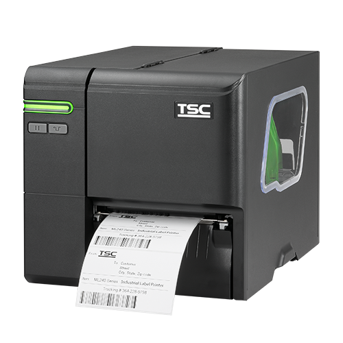 Stampante industriale TSC ML340: compatta, robusta, stampa a trasferimento termico e termica diretta 300 dpi, con interfacce USB, seriale ed Ethernet.