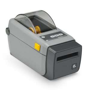 Stampante termica diretta Zebra ZD410 ultra compatta, risoluzione 203 dpi, larghezza di stampa fino a 56 mm, velocità fino a 152 mm/s, connettività USB 2.0, Bluetooth 4.1, Wi-Fi 802.11ac, supporta linguaggi ZPL II, EPL e XML, ideale per ambienti con spazi limitati.
