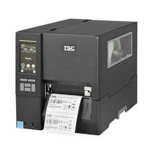 Stampante industriale TSC MH641P: risoluzione 600 dpi, larghezza di stampa 104 mm, velocità fino a 152 mm/s, riavvolgitore interno, display touchscreen da 4,3”, interfacce USB, RS232, Ethernet, slot microSD, orologio in tempo reale.